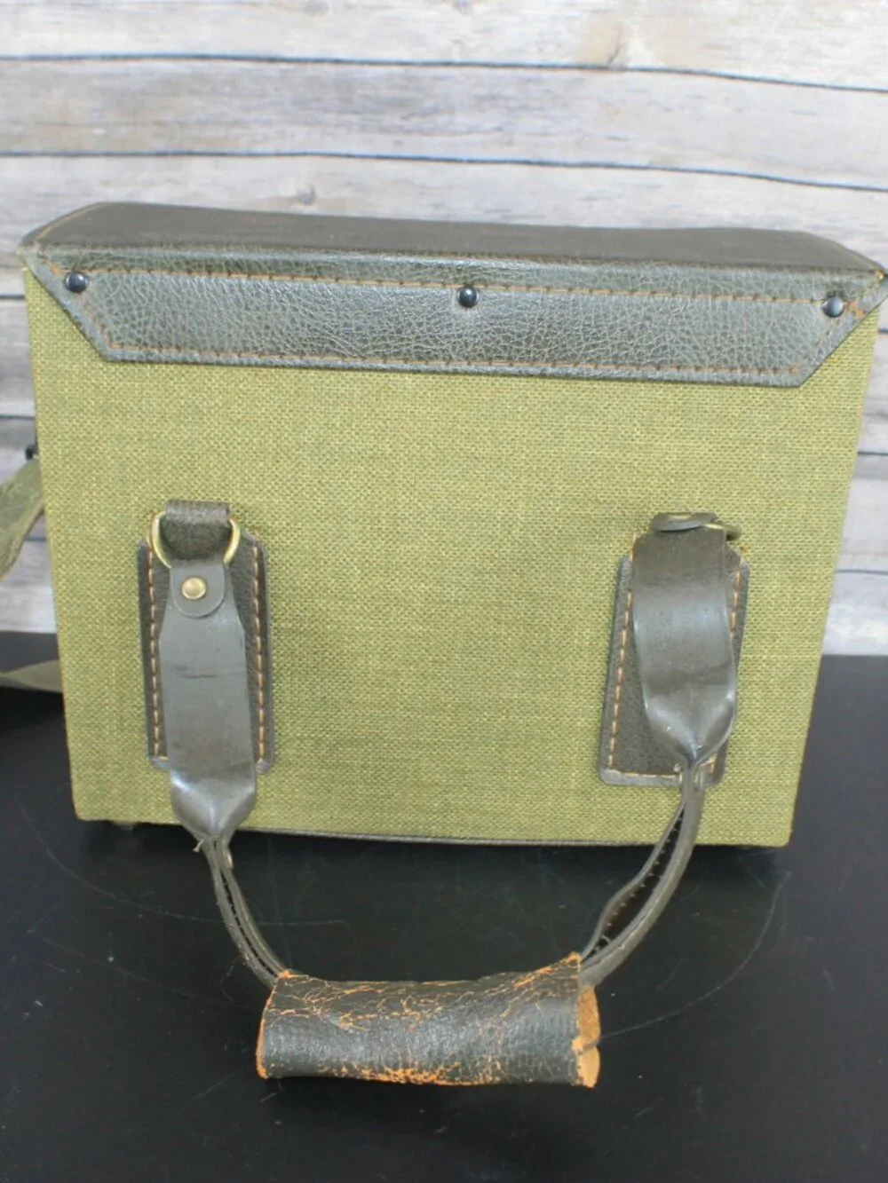 Vintage Style Hard Camera Case Olive Green Canvas Leather Shoulder Carry Suede